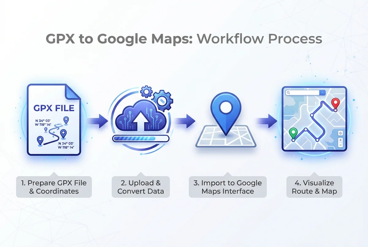 GPX to Google Maps conversion workflow - Step by step process diagram
