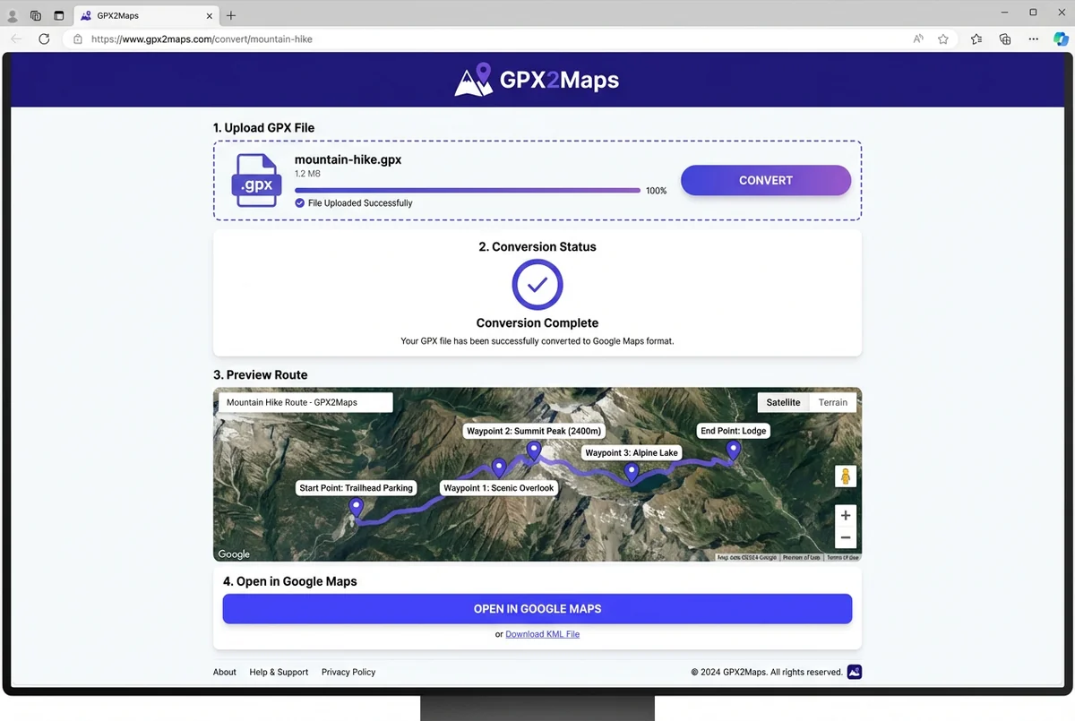 Convert GPX to Google Maps - GPX2Maps online converter tool interface
