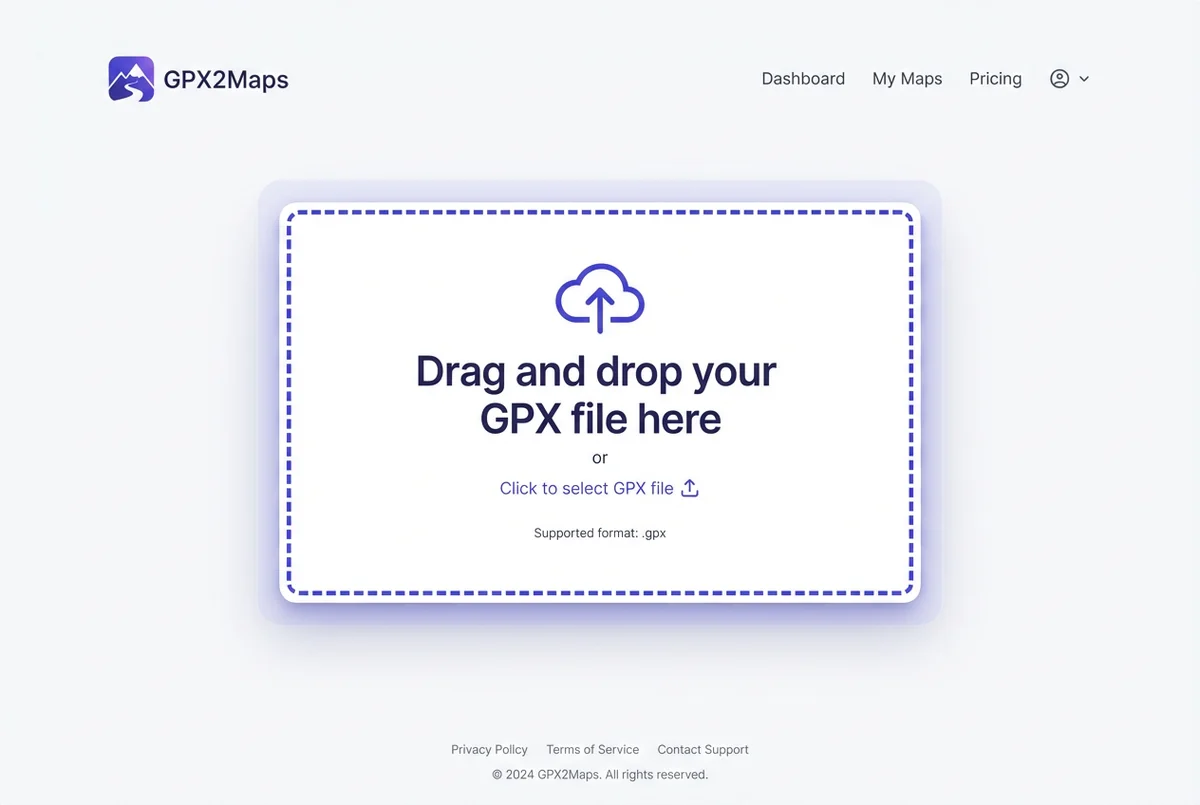GPX in Google Maps - GPX2Maps upload interface for converting GPX files