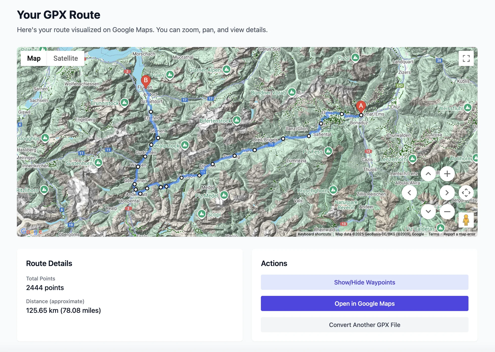 GPX route visualized on Google Maps